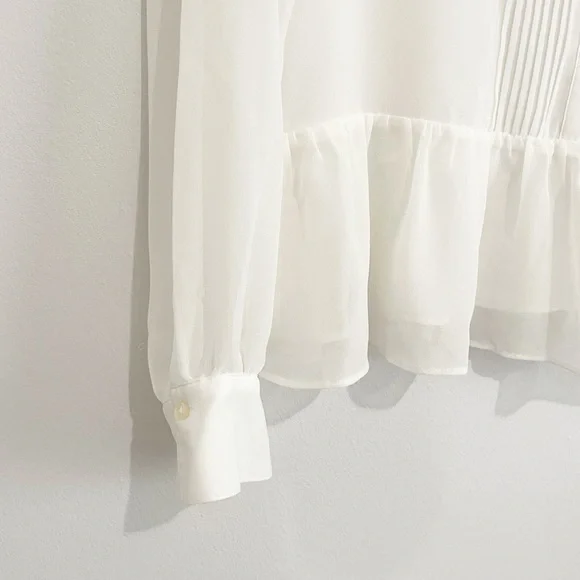 NWT DKNY Semi-Sheer Pleated Ruffle Hem Button Down Blouse Shirt L - Picture 3 of 8